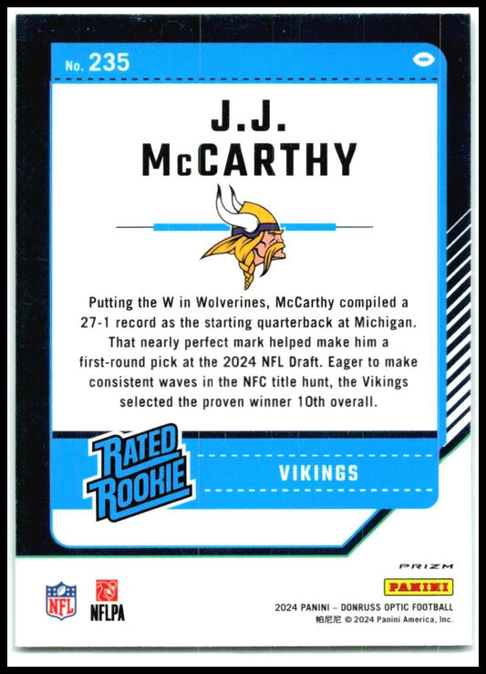 2024 Donruss Optic Green Hyper #235 J.J. McCarthy Minnesota Vikings