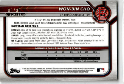 2022 Bowman Chrome Prospects Green Shimmer Refractor #BCP-154 Won-Bin Cho /99