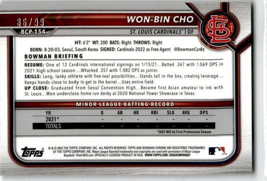 2022 Bowman Chrome Prospects Green Shimmer Refractor #BCP-154 Won-Bin Cho /99