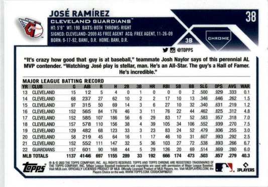 2023 Topps Chrome Purple Sonar Refractor #38 José Ramírez /275 Guardians