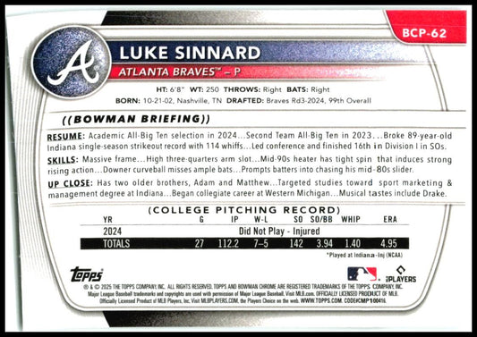 2025 Bowman Chrome Prospects #BCP-62 Luke Sinnard Atlanta Braves