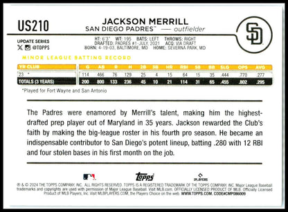 2024 Topps Update Royal Blue #US210 Jackson Merrill Rookie San Diego Padres