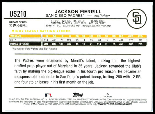 2024 Topps Update Royal Blue #US210 Jackson Merrill Rookie San Diego Padres