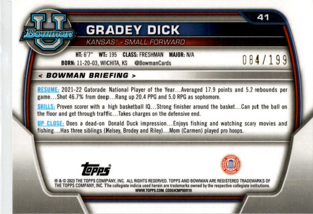 2022-23 Bowman University Chrome Blue #41 Gradey Dick Kansas Jayhawks /199