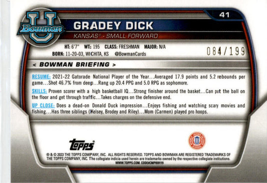 2022-23 Bowman University Chrome Blue #41 Gradey Dick Kansas Jayhawks /199