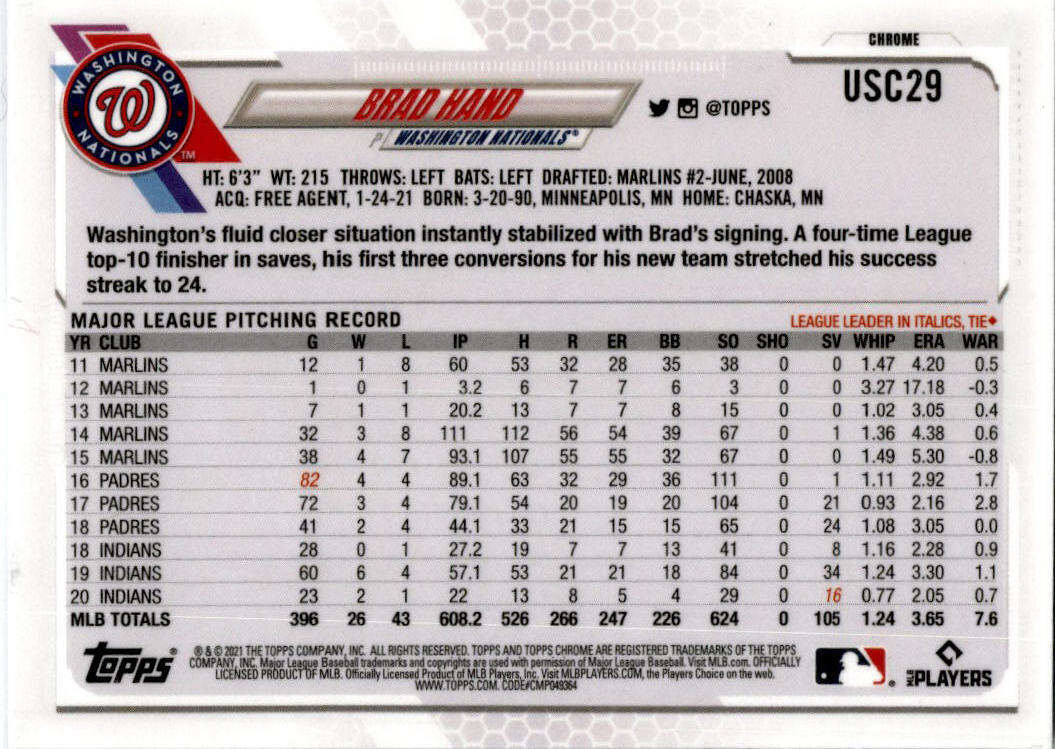 2021 Topps Chrome Update Purple Refractor #USC29 Brad Hand Washington Nationals