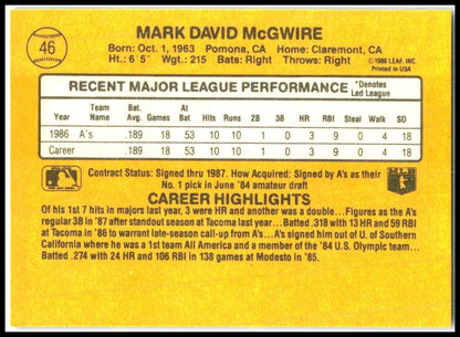 1987 Donruss #46 Mark McGwire Oakland Athletics