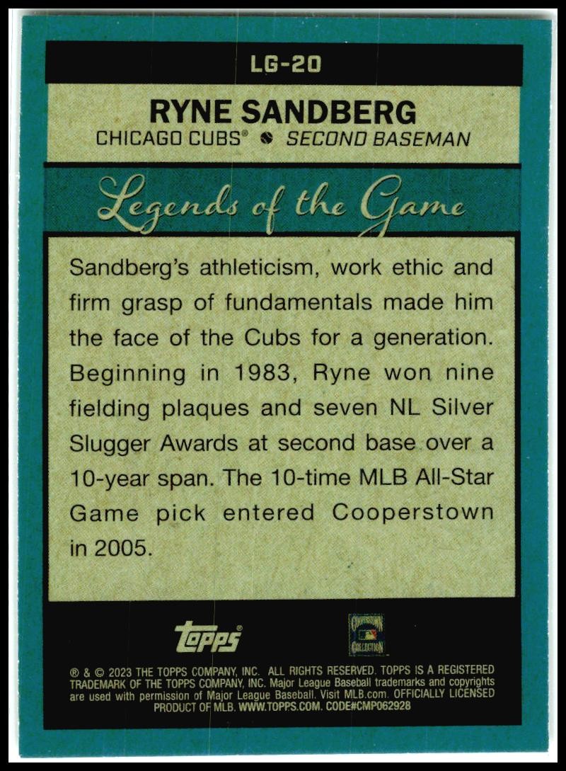2023 Topps Legends of the Game #LG-20 Ryne Sandberg Chicago Cubs