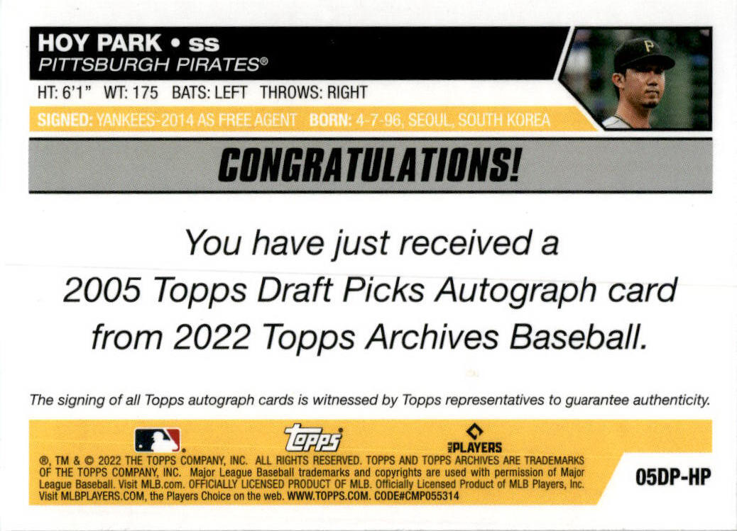 2022 Topps Archives 2005 Topps Draft Picks Autographs #05DP-HP Hoy Park Pirates