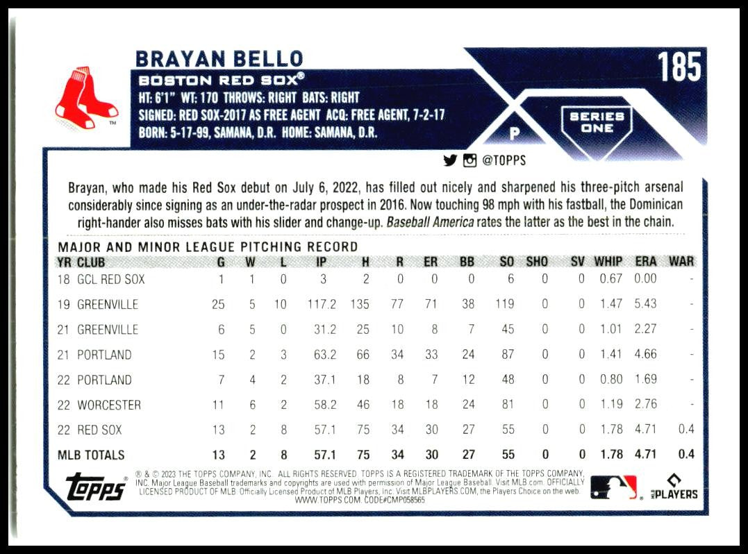 2023 Topps #185 Brayan Bello Boston Red Sox