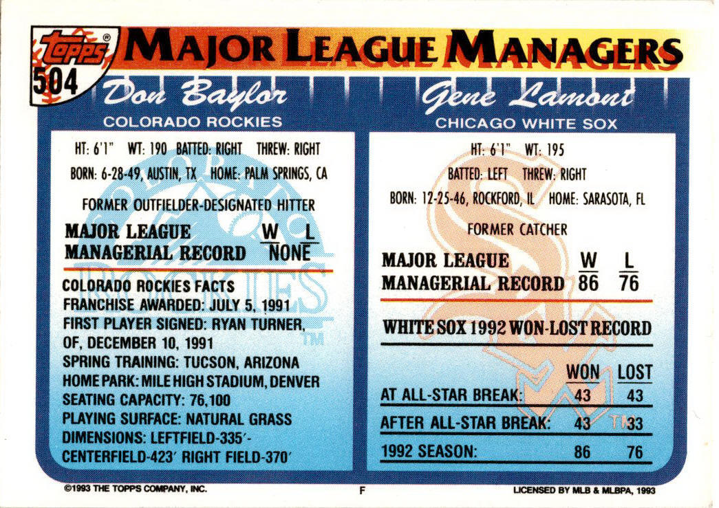 1993 Topps #504 Gene Lamont / Don Baylor