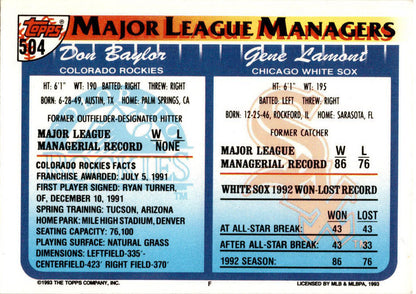 1993 Topps #504 Gene Lamont / Don Baylor