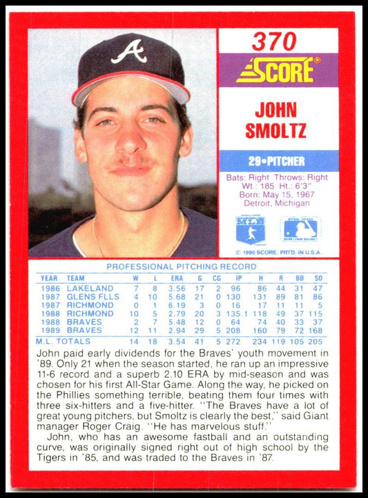 1990 Score #370 John Smoltz Atlanta Braves