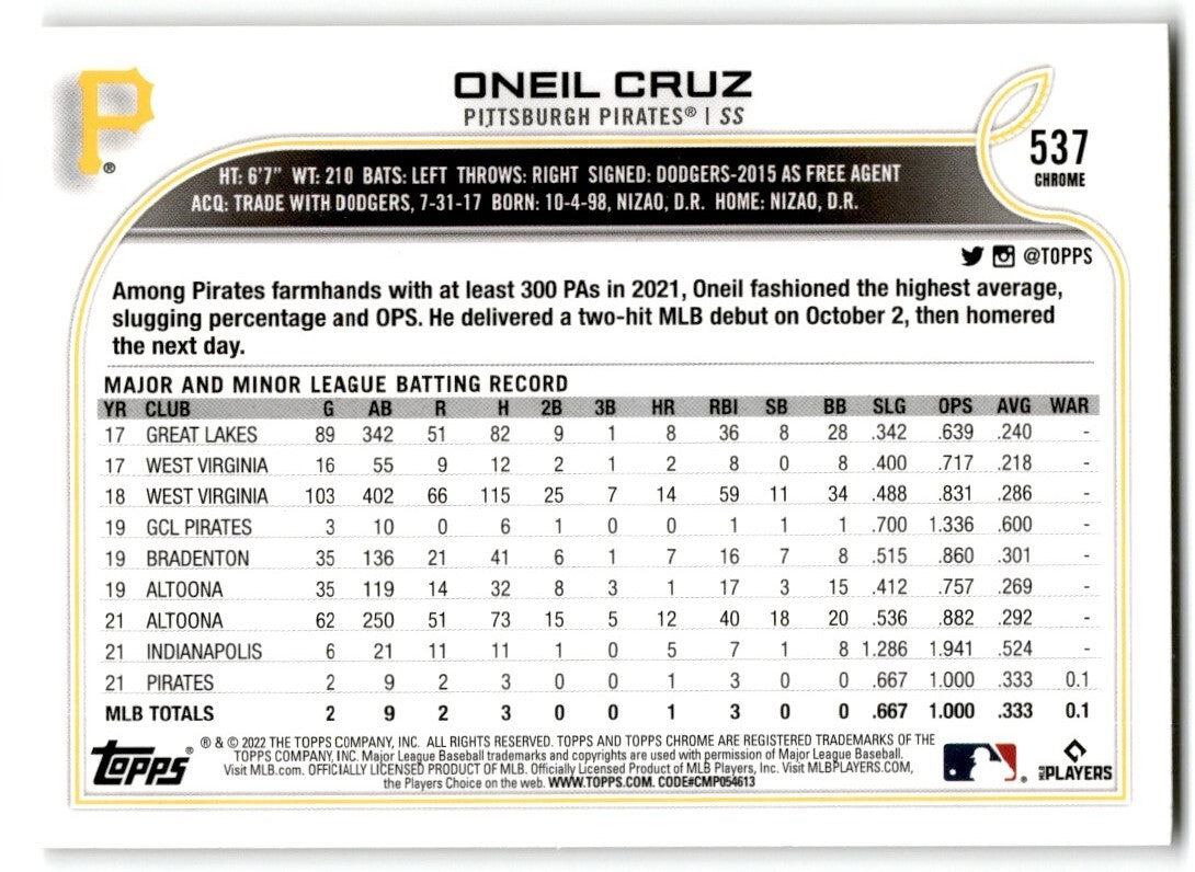2022 Topps Image Variation #537  Oneil Cruz Rookie Pittsburgh Pirates