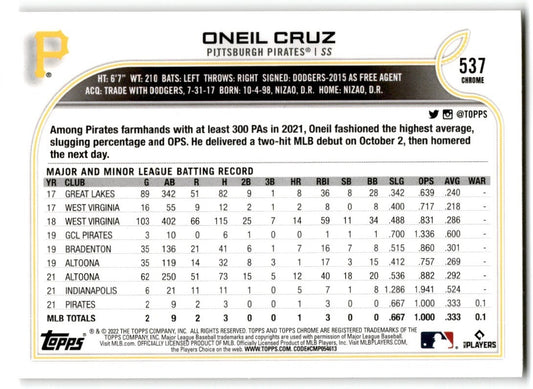 2022 Topps Image Variation #537  Oneil Cruz Rookie Pittsburgh Pirates