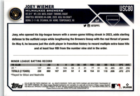 2023 Topps Chrome Update #USC80 Joey Wiemer Rookie Milwaukee Brewers