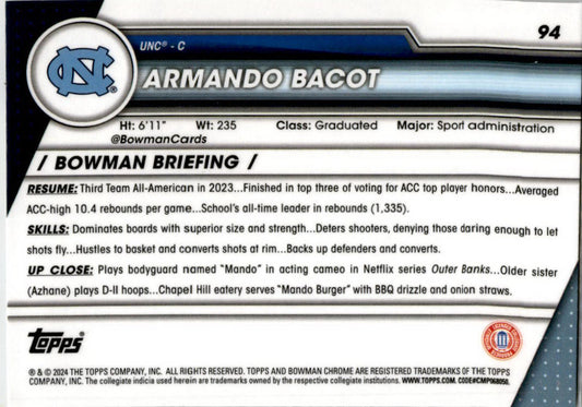 2023-24 Bowman University Chrome #94 Armando Bacot North Carolina Tar Heels