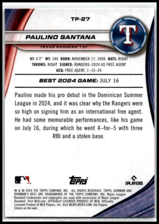 2024 Bowman's Best Prospects #TP-27 Paulino Santana Texas Rangers