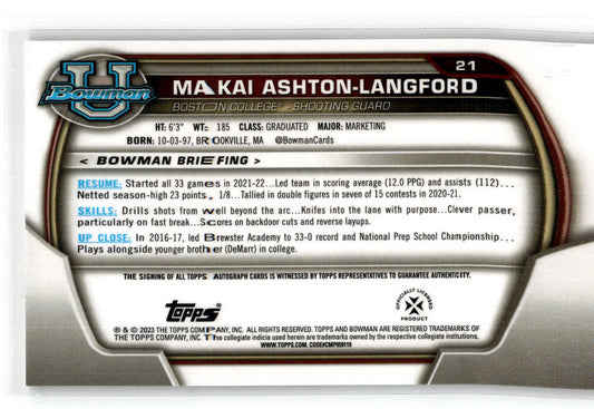 2023 Bowman Chrome University #21 Makai Ashton-Langford Auto Boston College