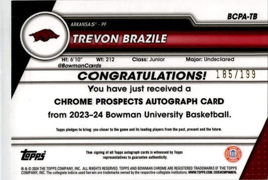 2023-24 Bowman University Chrome Raywave #8 Trevon Brazile Auto /199 Arkansas