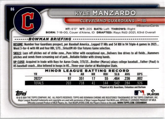 2024 Bowman Chrome #86 Kyle Manzardo Cleveland Guardians