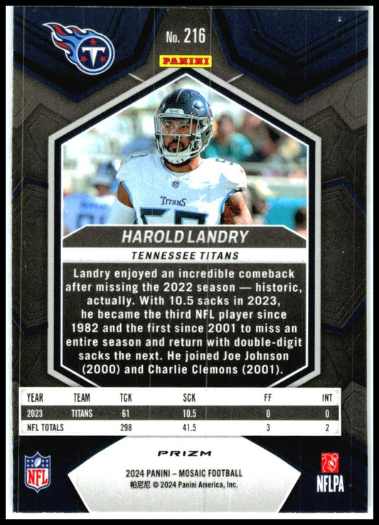 2024 Panini Mosaic Mosaic Reactive Blue #216 Harold Landry Tennessee Titans