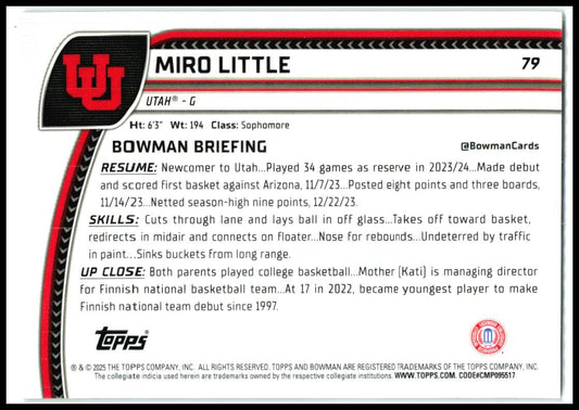 2024-25 Bowman University Chrome Black Wave Refractor #79 Miro Little Utah Utes