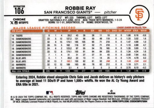 2024 Topps Chrome Refractors #106 Robbie Ray San Francisco Giants