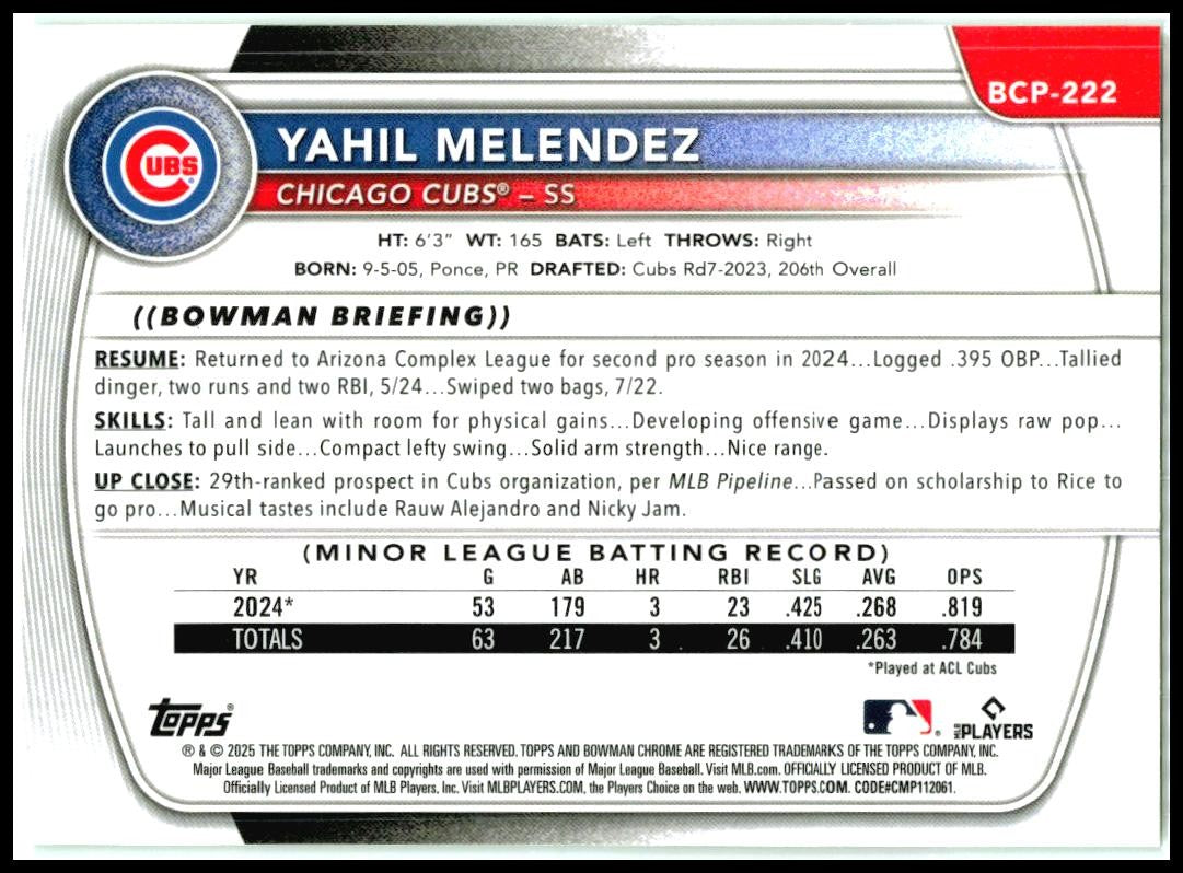 2025 Bowman Chrome Green Shimmer /99 #BCP-222 Yahil Melendez Cubs