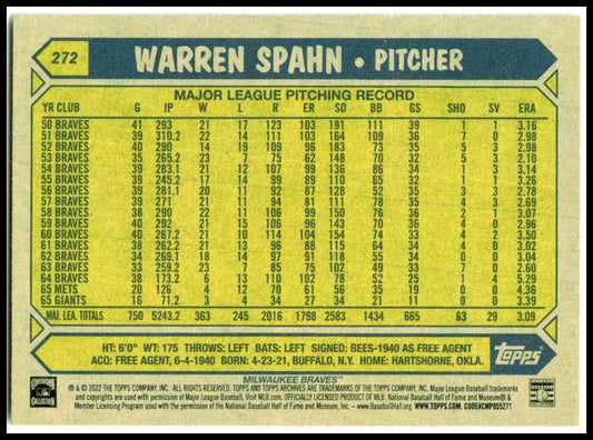 2022 Topps Archives #272 Warren Spahn Milwaukee Braves