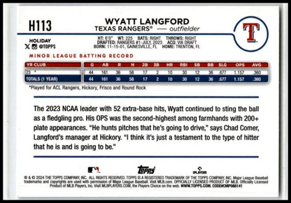 2024 Topps Holiday #H113 Wyatt Langford Texas Rangers