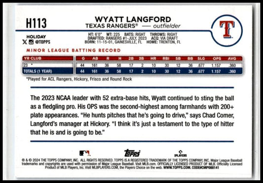 2024 Topps Holiday #H113 Wyatt Langford Texas Rangers
