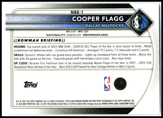 2025-26 Bowman Chrome Etched In Glass CASE HIT #NBE-1 Cooper Flagg Dallas