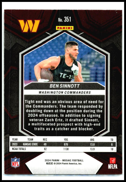 2024 Panini Mosaic #351 Ben Sinnott Rookie Washington Commanders