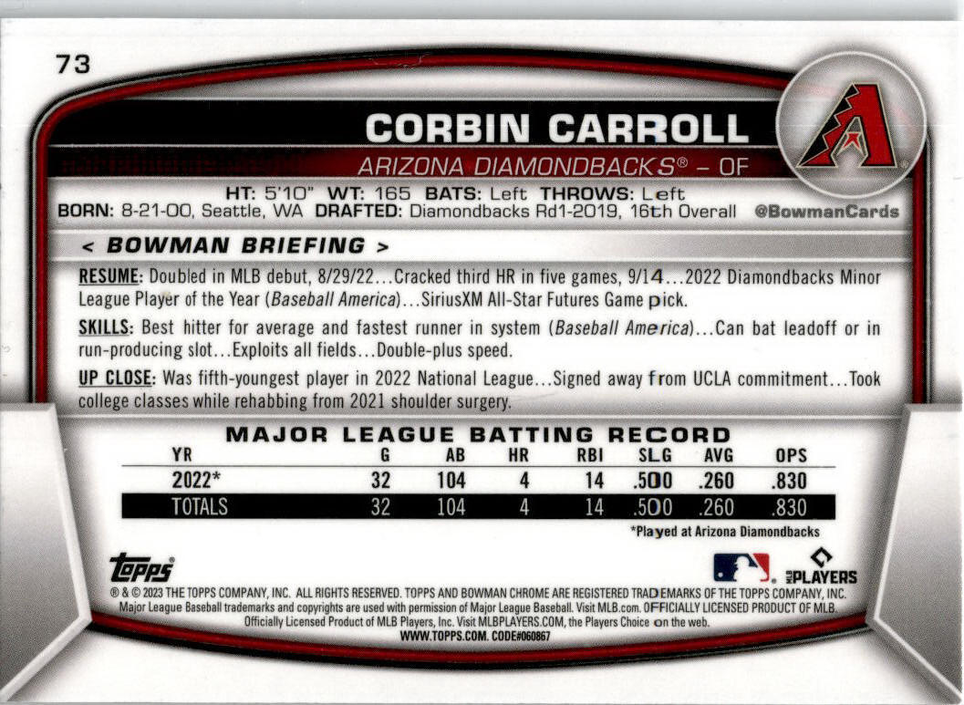 2023 Bowman Mojo Refractors #73 Corbin Carroll Arizona Diamondbacks