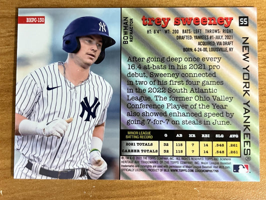 2022 Bowman Heritage Chrome Prospects Refractor #BHPC-130 Trey Sweeney Yankees