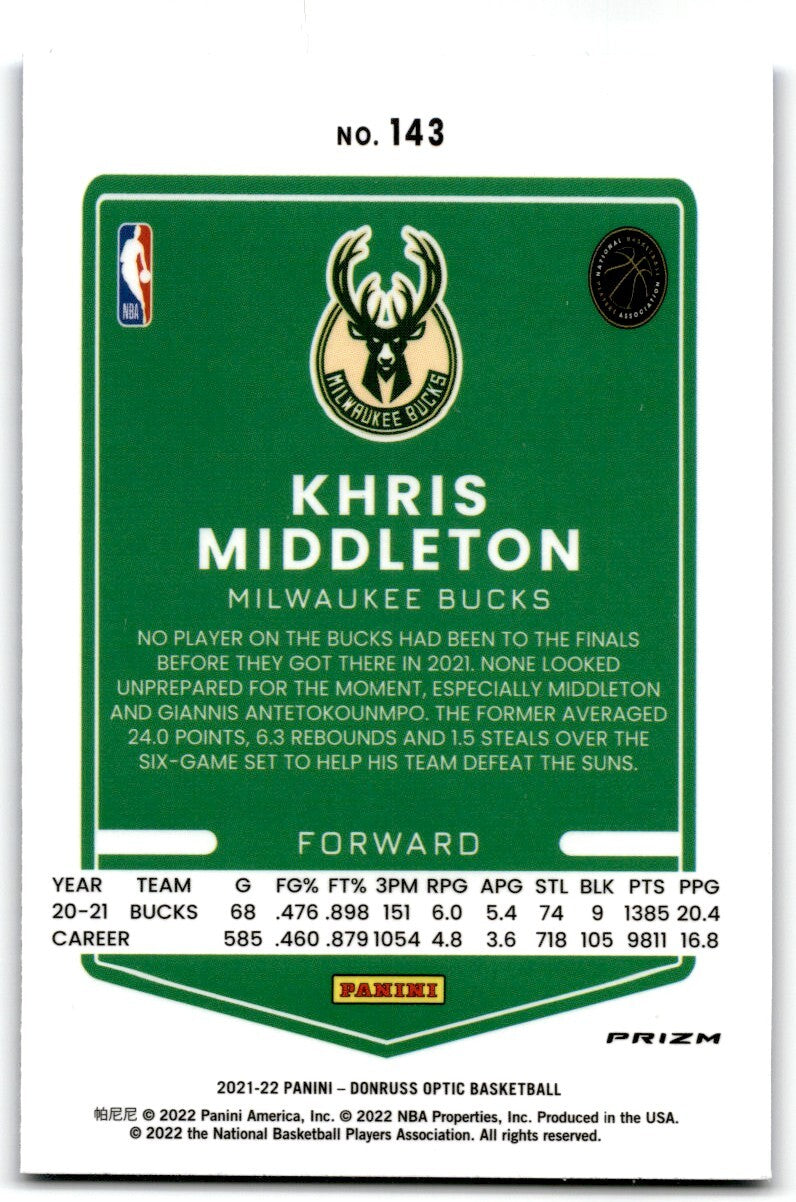 2021-22 Donruss Optic  Blue Velocity Khris Middleton Milwaukee Bucks #143