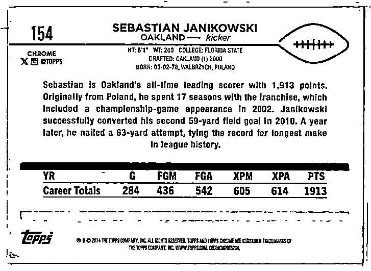 2024 Topps Chrome Purple Speckle Refractor #154 Sebastian Janikowski Raiders