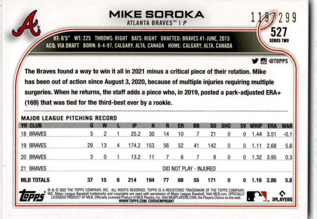 2022 Topps  Orange Foil board #527 Mike Soroka 119/299 Atlanta Braves