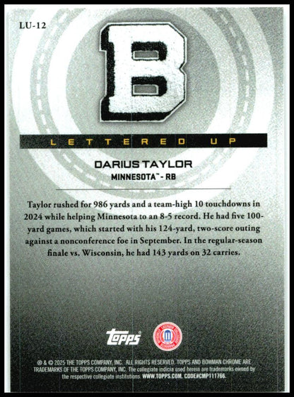 2025 Bowman Chrome University Lettered Up #LU-12 Darius Taylor Minnesota