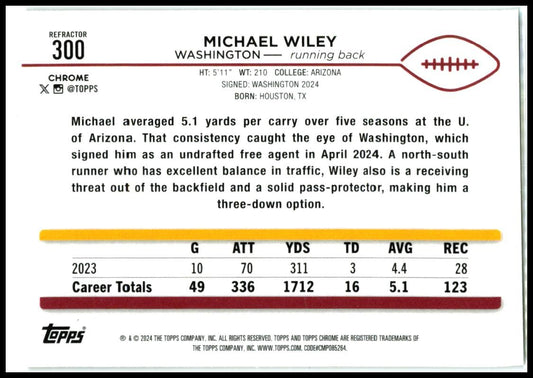 2024 Topps Chrome Refractor #300 Michael Wiley Rookie Washington Commanders