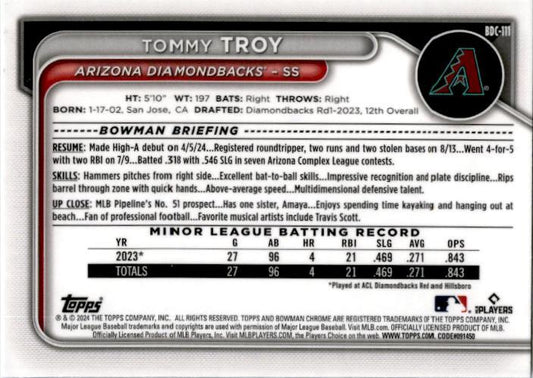2024 Bowman Draft Chrome Sky Blue #BDC-111 Tommy Troy Arizona Diamondbacks