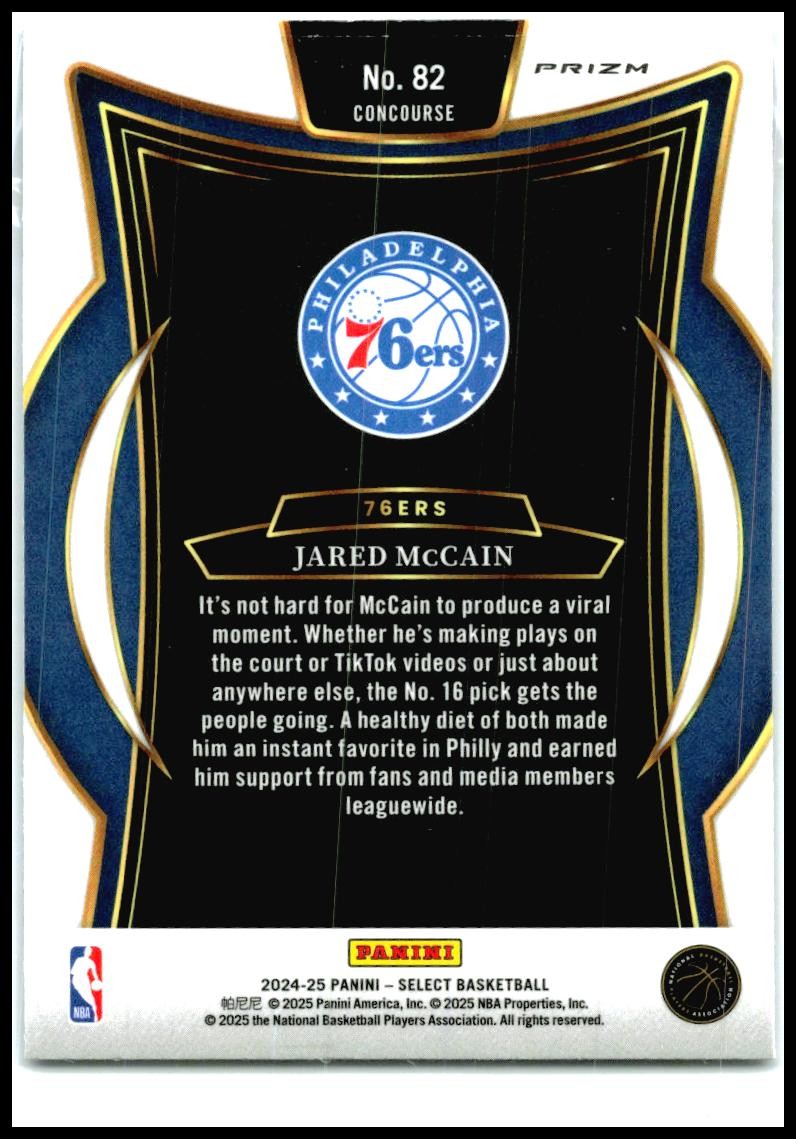 2024-25 Panini Select Blue Cracked Ice Prizm #82 Jared McCain Rookie 76ers