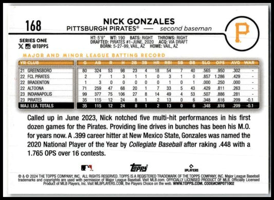 2024 Topps Gold Foil #168 Nick Gonzales Pittsburgh Pirates