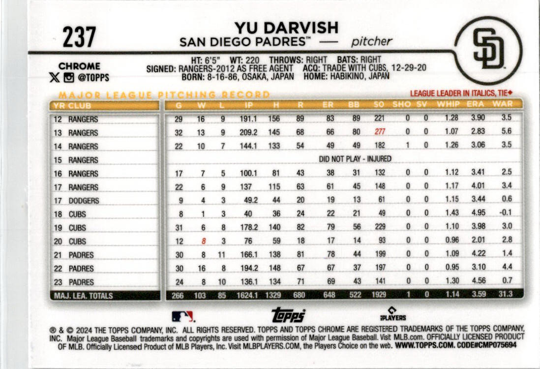 2024 Topps Chrome X-Fractors #237 Yu Darvish San Diego Padres