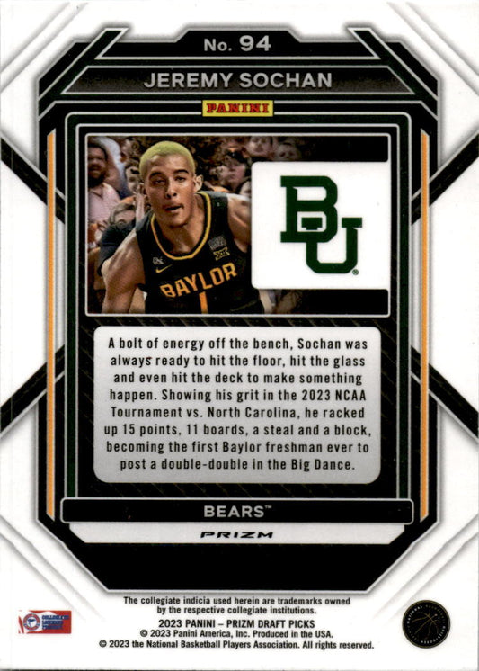2023-24 Panini Prizm Draft Picks Green #94 Jeremy Sochan Baylor Bears