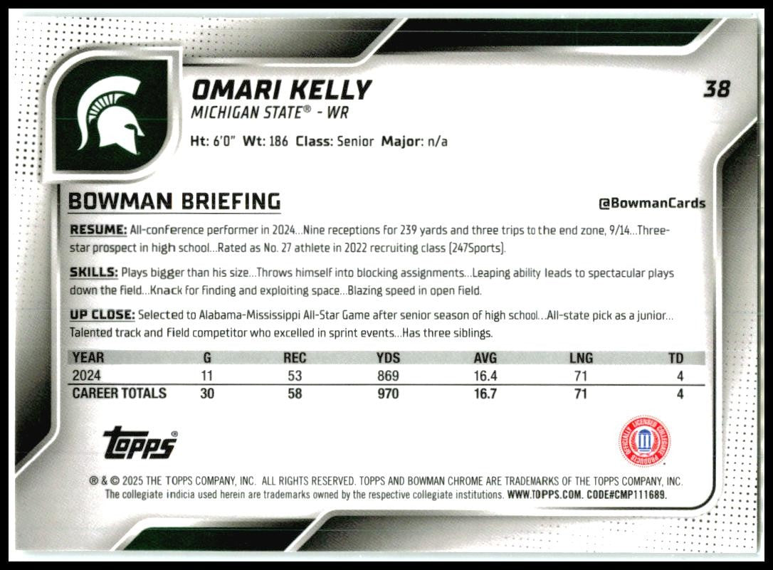 2025 Bowman Chrome University X-Fractor #38 Omari Kelly Michigan State