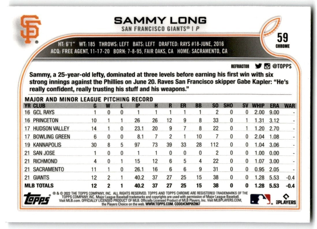 2022 Topps Chrome Refractor Sammy Long Rookie San Francisco Giants #59