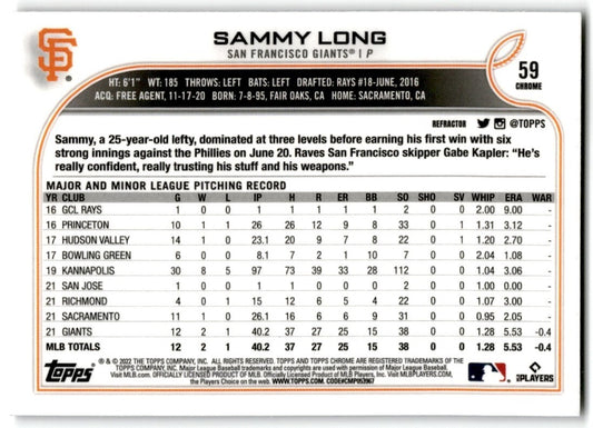 2022 Topps Chrome Refractor Sammy Long Rookie San Francisco Giants #59