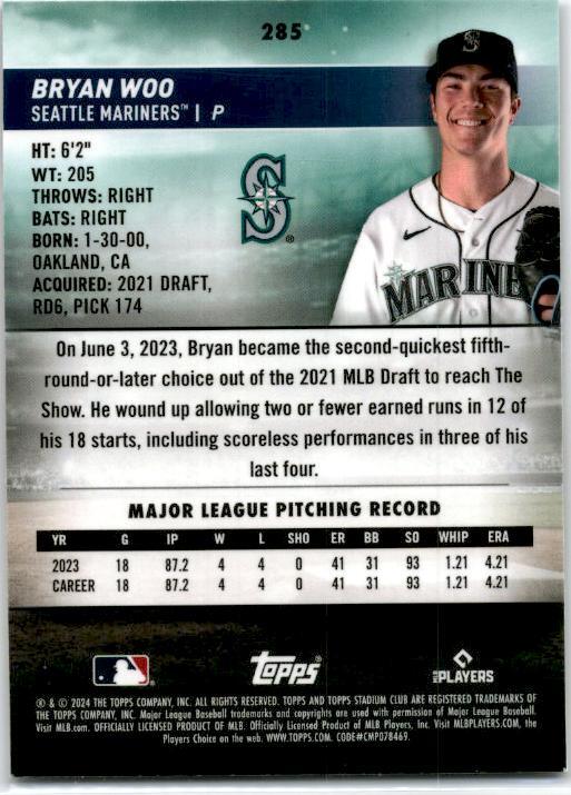 2024 Stadium Club Chrome #285 Bryan Woo Seattle Mariners